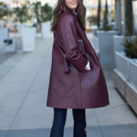 Kate spade madison avenue burgundy maroon leather jacket trench coat size 0 nwot - Picture 6 of 8